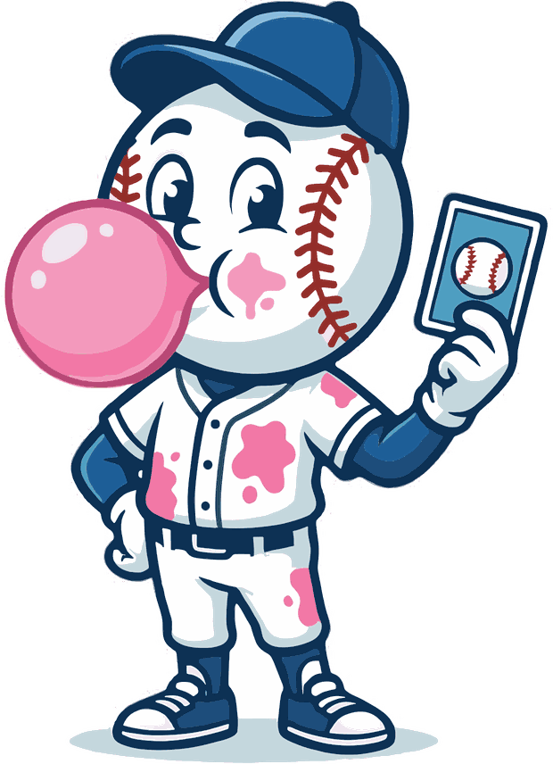 The Bubble Gum Stains mascot: a baseball-headed ballplayer blowing a pink bubble and holding a graded card.